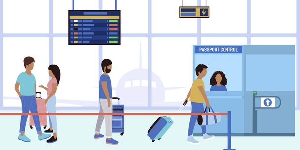 Illustration of people queuing up for passport control at the airport. Vector illustration in a flat style. - Vektör, Görsel