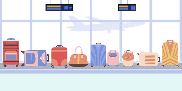 illustration of suitcases on the luggage belt at the airport. Vector illustration in a flat style. - Vektör, Görsel