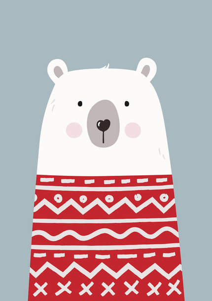 Cute hand drawn polar bear in red sweater. Poster for baby room. Childish print for nursery. Design can be used for greeting card, invitation, baby shower. Vector illustration. - Vektori, kuva