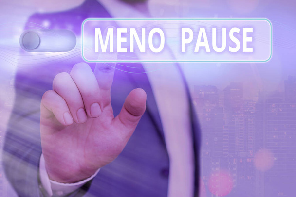Handwriting text Meno Pause. Concept meaning the process through which a ceases to be fertile or menstruate Graphics padlock for web data information security application system. - Photo, Image