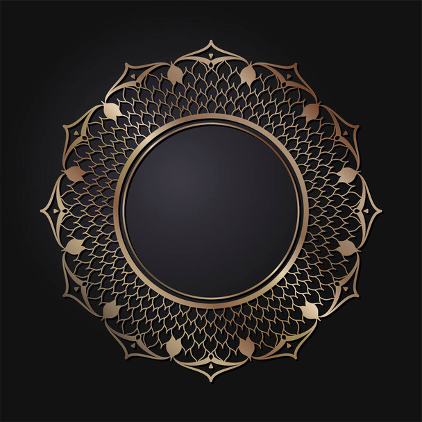 Decoratieve opengewerkte ronde lijst met goud abstract patroon op zwarte achtergrond. Cirkelvormig ornament. Een elegant element voor design. Vector. - Vector, afbeelding