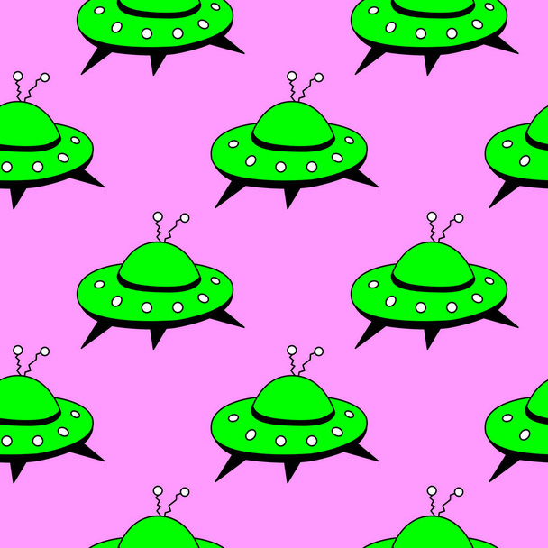 Seamless pattern with Flying Saucers, UFO. Vector background and texture for fabric, wrapping, wallpaper, textile, apparel, cover. - Vector, Image