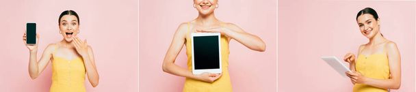 Collage einer brünetten Frau mit Smartphone und digitalem Tablet isoliert auf rosa, panoramische Aufnahme - Foto, Bild