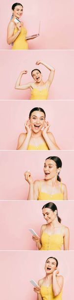 Collage von emotionalen brünetten jungen Frau mit Gadgets isoliert auf rosa - Foto, Bild