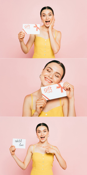 collage de excitada morena joven sosteniendo tarjeta de regalo aislada en rosa - Foto, Imagen