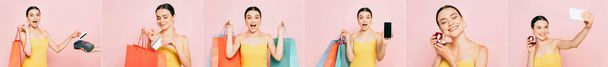 collage of brunette young woman with shopping bags isolated on pink, panoramic shot - Фото, изображение