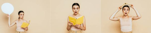 šokovaná brunetka mladá žena se žlutou knihou a řečové bubliny izolované na béžové, panoramatický výstřel - Fotografie, Obrázek