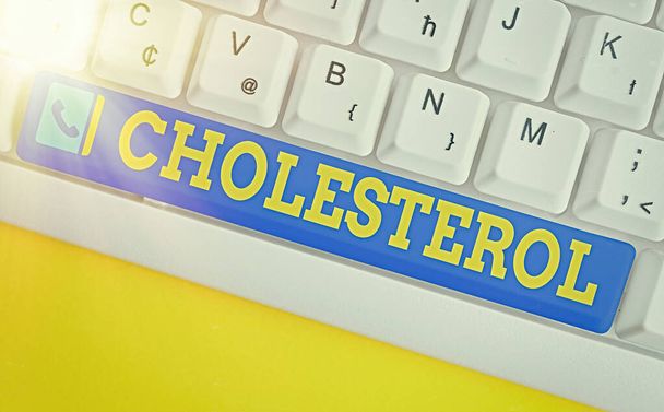Conceptual hand writing showing Cholesterol. Business photo text compound of the sterol type found in most body tissues Colored keyboard key with accessories arranged on empty copy space. - Photo, Image