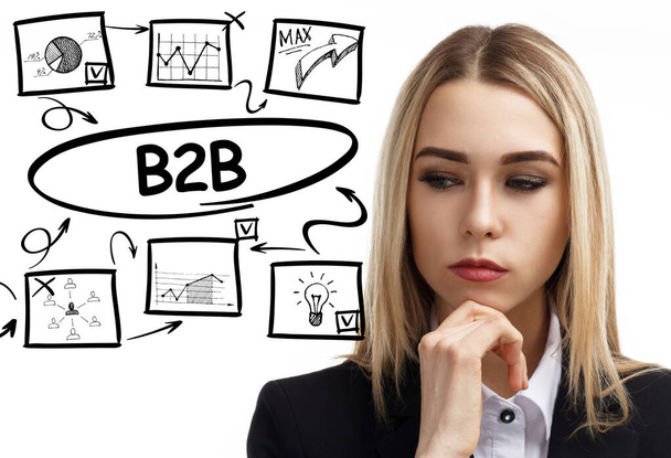 Business, technology, internet and network concept. Young businessman thinks over the steps for successful growth: B2B - Zdjęcie, obraz