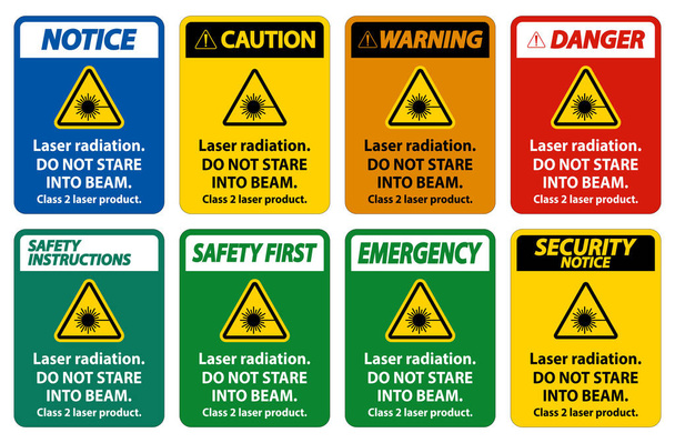 Lazer radyasyonu, gözlerinizi kirişe dikmeyin, 2. sınıf lazer ürünü. Beyaz arka planda işaret.   - Vektör, Görsel