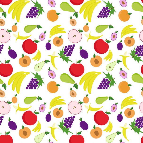 Seamless background with fruits. Vector illustration with pear, apple, peach, grapes, bananas, apricots. Background for wrapping paper, clothes, children's creativity, pattern. - Wektor, obraz