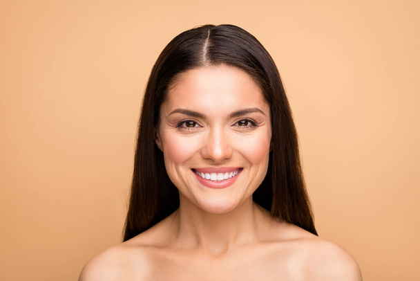 Close-up portrait of her she nice-looking attractive pretty cheerful cheery woman with pure silky perfect tone skin salon procedure peeling effect isolated over beige pastel color background - Φωτογραφία, εικόνα