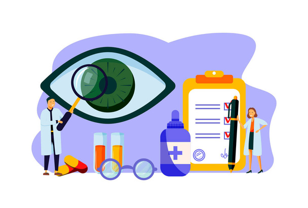 Ophthalmology vector illustration. Flat tiny eyes health persons concept. Abstract lens view examination checkup. Patient myopia and foresight focus correction treatment with pills drops and glasses. - Vector, Image