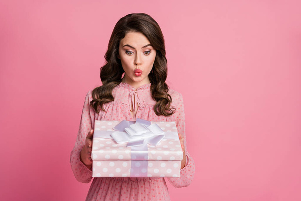 Incredible gift from secret admirer concept. Astonished girl get 14-february 8-march celebration hold big package look impressed isolated over pastel color background - Φωτογραφία, εικόνα