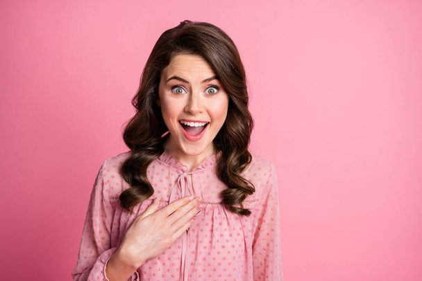 Close-up portrait of her she nice-looking attractive lovely winsome pretty charming cheerful cheery amazed delighted wavy-haired girl good news isolated over pink pastel color background - Photo, image