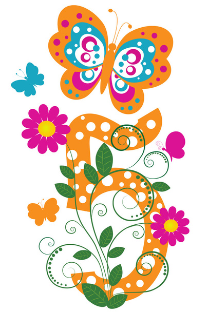 Digit 5 with butterflies and flowers - Vector, Imagen