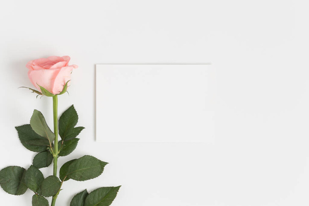 Top kilátás egy fehér kártya mockup rózsaszín rózsával a fehér asztalon. - Fotó, kép