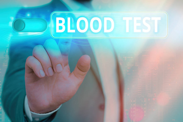 Tekst pisma test krwi. Koncepcja oznaczająca pobranie próbki krwi z organizmu w celu przeprowadzenia analizy laboratoryjnej Graficzna kłódka dla systemu aplikacji bezpieczeństwa informacji internetowej. - Zdjęcie, obraz