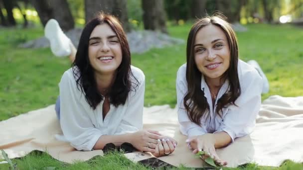 Two cute positive girls looking at camera and smiling, singing and moving, talking to camera, lying on grass in sunny park. oncept of outdoor picnic resting with friends in nature park. Joy and fun in - Footage, Video