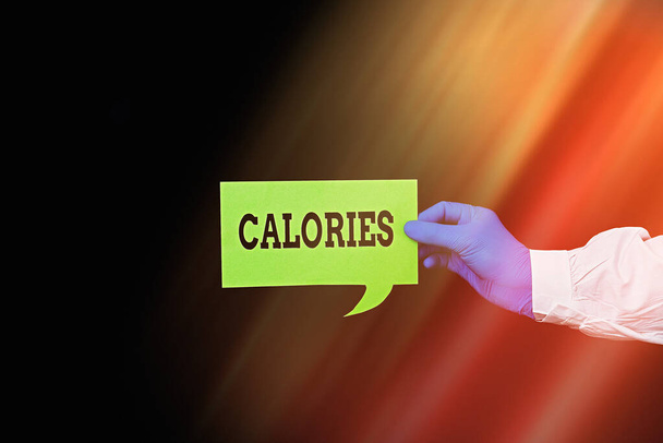 Word writing text Calories. Business concept for an amount of food having a value of the energy of one large calorie Displaying Empty Sticker Paper Accessories Smartphone With Medical Gloves On. - Photo, Image