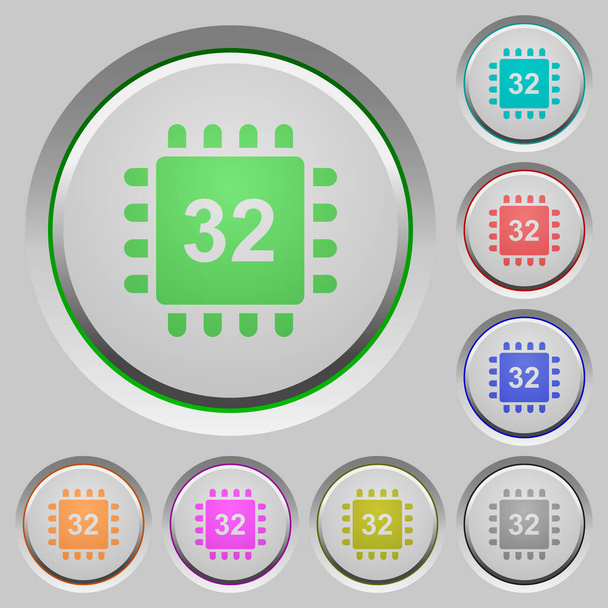 Microprocessor 32 bit architecture color icons on sunk push buttons - Vector, Image