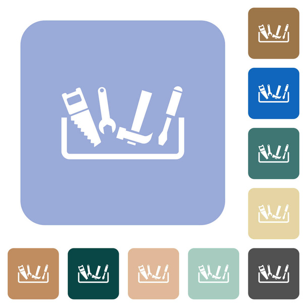 Caja de herramientas iconos planos blancos sobre fondos cuadrados redondeados de color - Vector, imagen