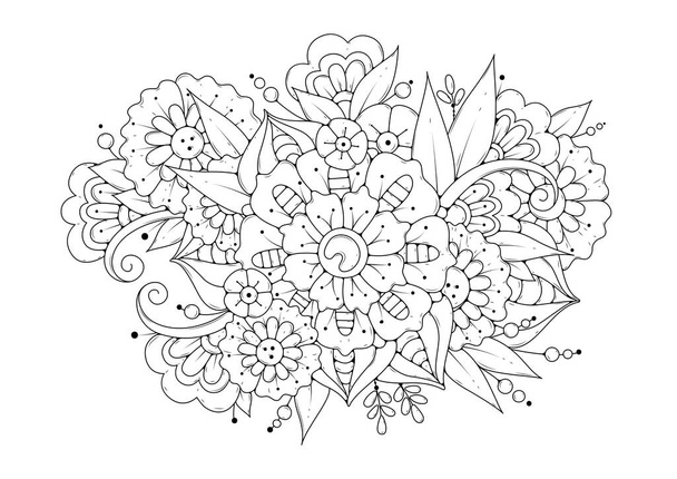 手描きの背景。ぬりえ本、大人と高齢者の子供のためのページ。黒と白の抽象的な花模様。ベクトルイラスト。瞑想のためのデザイン. - ベクター画像