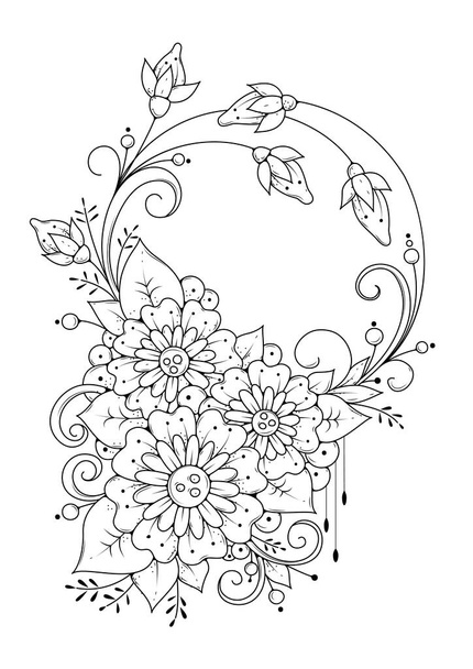 Hand drawn backdrop. Coloring book, page for adult and older children. Black and white abstract floral pattern. Vector illustration. Design for meditation. - Vector, imagen