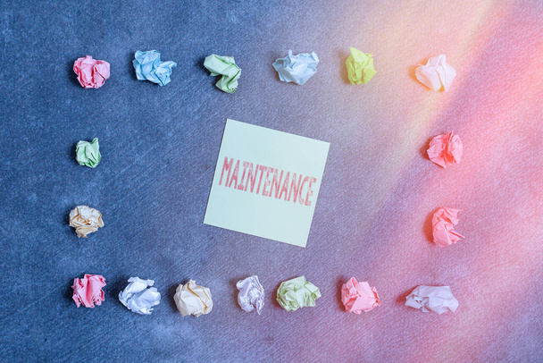 Text sign showing Maintenance. Conceptual photo the process of maintaining or preserving someone or something Paper accesories with digital smartphone arranged on different background. - Photo, Image