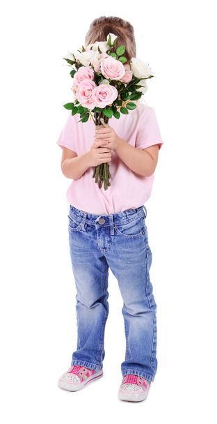 Pretty little girl holding bouquet isolated on white - Fotografie, Obrázek