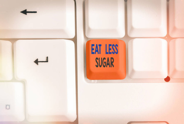 Text sign showing Eat Less Sugar. Conceptual photo reducing sugar intake and eating a healthful diet rich foods Different colored keyboard key with accessories arranged on empty copy space. - Photo, Image