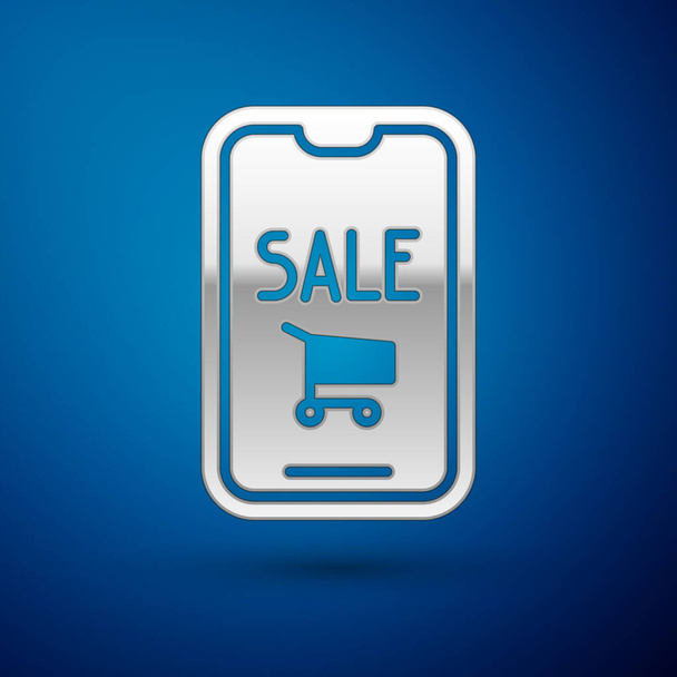 Silver Mobile phone and shopping cart icon isolated on blue fone. Символ онлайн-покупки. Символ супермаркета. Векторная миграция. - Вектор,изображение