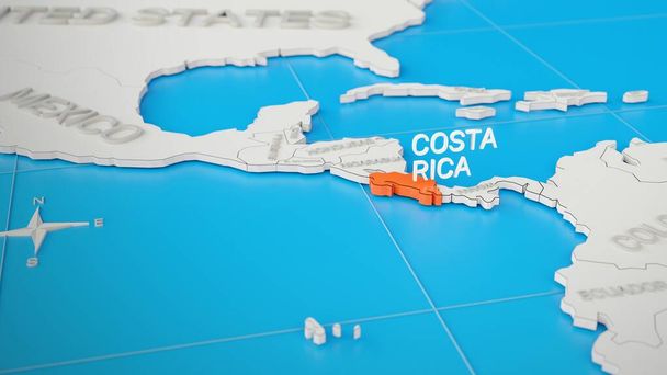 コスタリカは、白い単純化された3D世界地図に焦点を当てました。デジタル3Dレンダリング. - 写真・画像