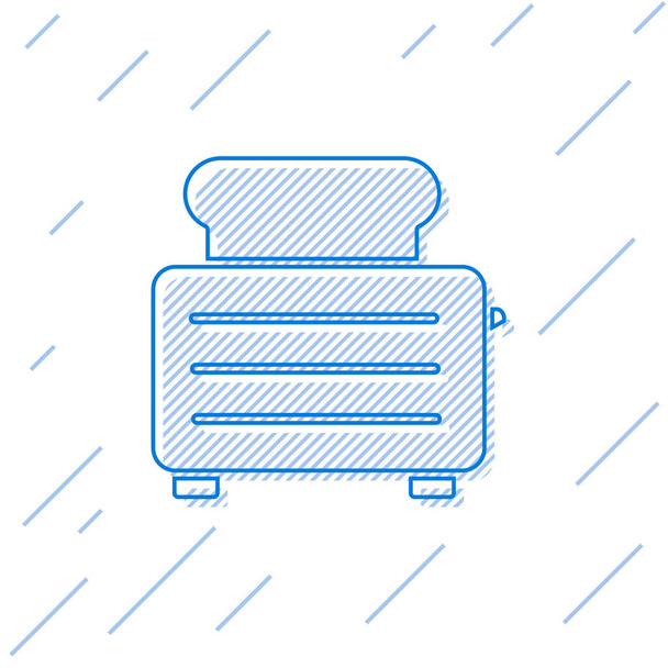 Blaue Linie Toaster mit Toasts Symbol isoliert auf weißem Hintergrund. Vektorillustration. - Vektor, Bild