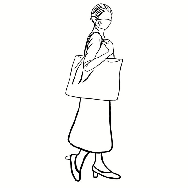 Nainen kuljettaa puuvilla laukku, yllään hygienia kasvonaamio tai kangas naamio, estää Corona epidemia, pm2.5, saastuminen, virus.Vähennä muovipusseja Uusi normi.Creative kuva litteä muotoilu. - Valokuva, kuva