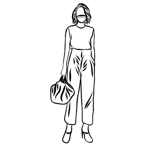 Nainen kuljettaa puuvilla laukku, yllään hygienia kasvonaamio tai kangas naamio, estää Corona epidemia, pm2.5, saastuminen, virus.Vähennä muovipusseja Uusi normi.Creative kuva litteä muotoilu. - Valokuva, kuva