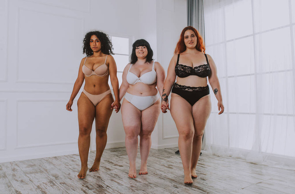 Body acceptance concept. Group of curvy girl posing in studio against society prejudice - Foto, afbeelding