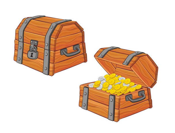 Vektor-Illustration der Schatztruhe im Cartoon-Stil, geschlossen und geöffnet mit Münzen isoliert auf weißem Hintergrund - Vektor, Bild