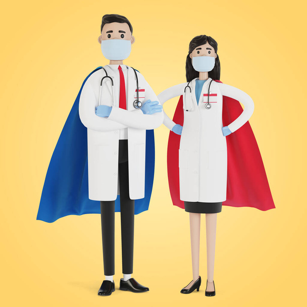 Lékaři muž a žena v kostýmu superhrdiny. 3D ilustrace v kresleném stylu. - Fotografie, Obrázek