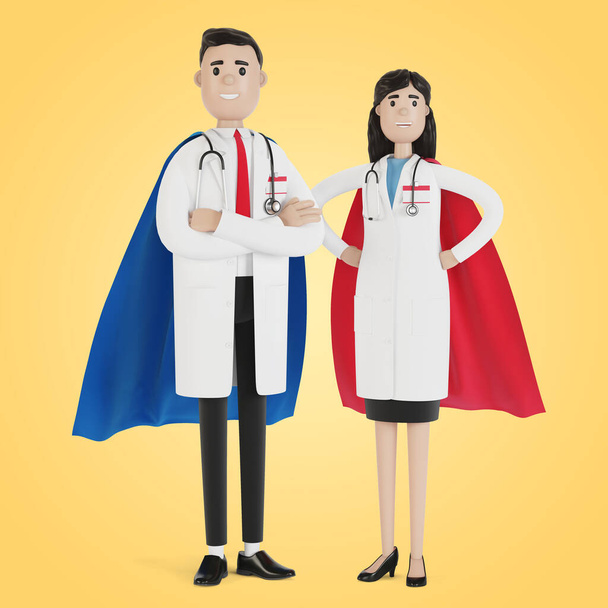Médicos hombre y mujer disfrazados de superhéroe. Ilustración 3D en estilo de dibujos animados
. - Foto, imagen
