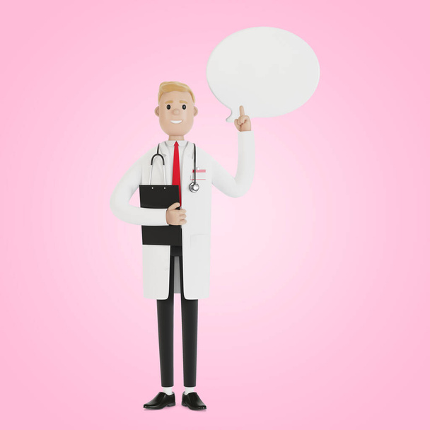 Чоловік-лікар підняв палець, щоб дати пораду або поради. Доктор з бульбашкою мовлення. 3D ілюстрація в мультиплікаційному стилі
. - Фото, зображення