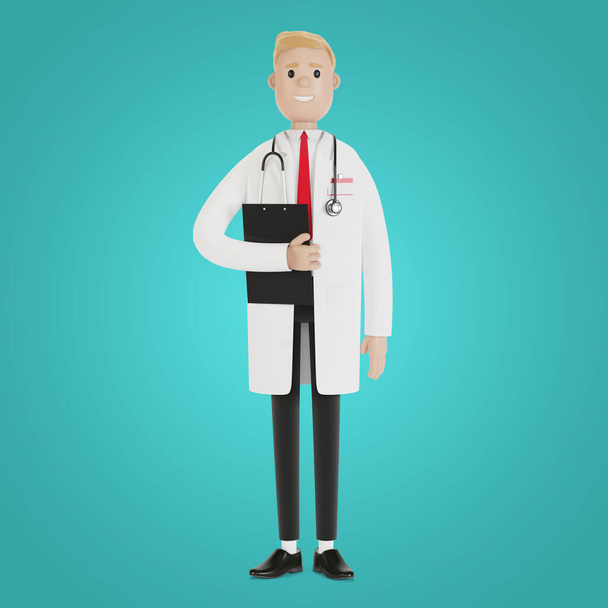 Retrato de un médico varón con una carpeta en las manos. Ilustración 3D en estilo de dibujos animados. - Foto, Imagen
