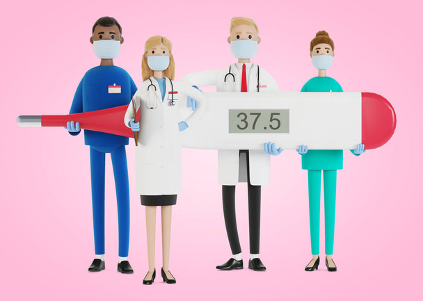 Dokters. Een groep medici houdt een thermometer vast. Hoofdarts en medisch specialisten. 3D illustratie in cartoon stijl. - Foto, afbeelding