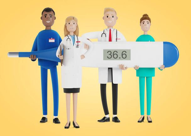 Médicos. Un grupo de trabajadores médicos sostiene un termómetro. Médico jefe y especialistas médicos. Ilustración 3D en estilo de dibujos animados
. - Foto, Imagen