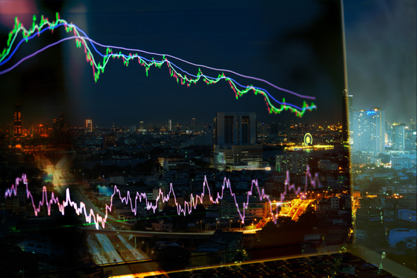 диаграмма фондового графика с индикаторами ema и rsi на мониторе ноутбука, график фондового рынка на медвежьем рынке и нисходящий тренд и ночной обзор города на заднем плане - Фото, изображение