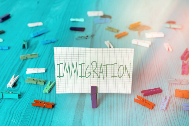 Conceptual hand writing showing Immigration. Business photo text the action of coming to live permanently in a foreign country Colored crumpled rectangle shape paper light blue background. - Photo, Image