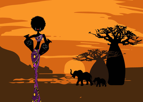 puesta de sol con paisaje de árboles de baobab de bosque, elefantes en la sabana y mujer rizada africana llevando agua en las macetas, vestida con vestido tradicional ankara. Batik concepto safari fondo
 - Vector, imagen