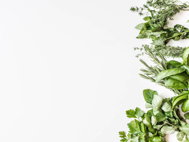 Flat-lay of various fresh green kitchen herbs. Parsley, mint, savory, basil, rosemary, thyme on a white background, top view. Spring or summer healthy vegan cooking concept - Photo, Image