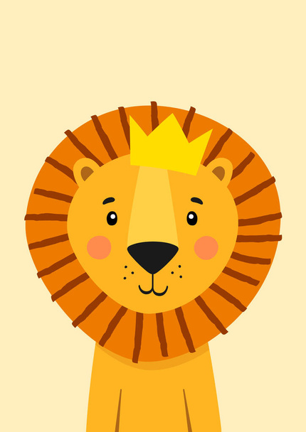 Cute lion with crown. Poster for baby room. Childish print for nursery. Design can be used for kids apparel, greeting card, invitation, baby shower. Vector illustration. - Wektor, obraz