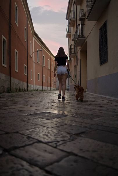 Ragazza adolescente che cammina con il cane in città. Amare i cani fa bene alla salute - Foto, immagini
